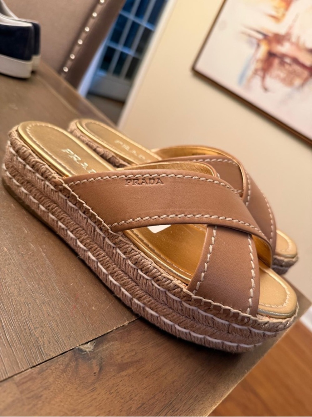 Prada Brown Crisscross Leather Espadrille Platform Slides